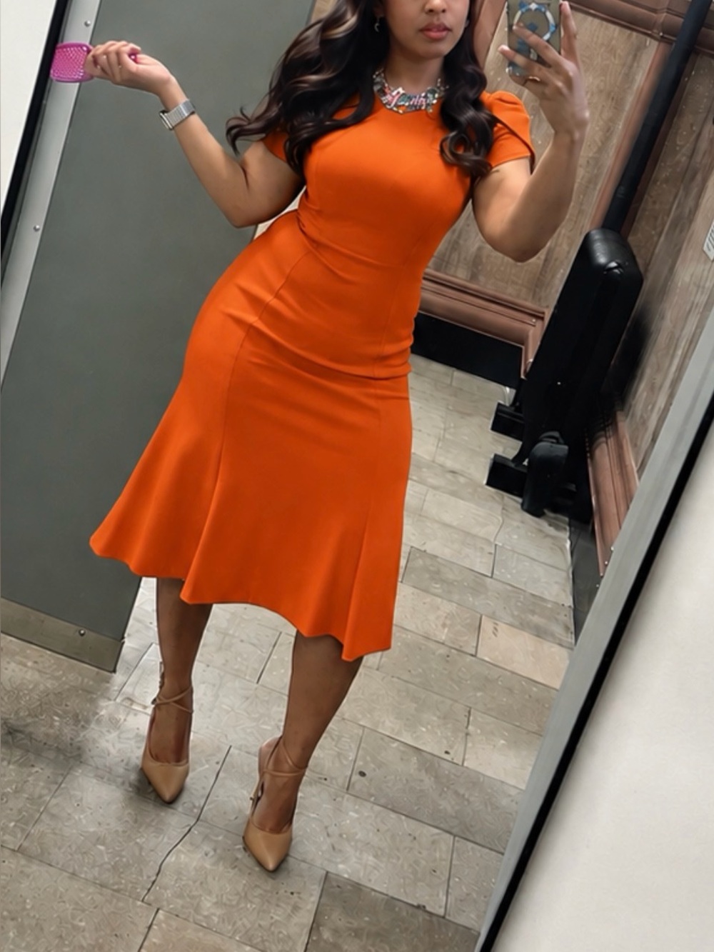 Calvin Klein Orange Cap-Sleeve Fit-and-Flare midi Dress